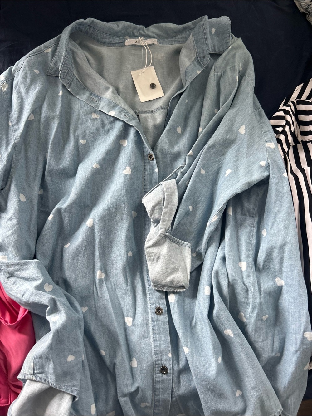 Light Blue Heart-Print Men's Button-Up Shirt